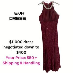 ✨ XL Women's Burgundy Lace & Sequin Maxi Dress with Pearl Neckline &  Scarf